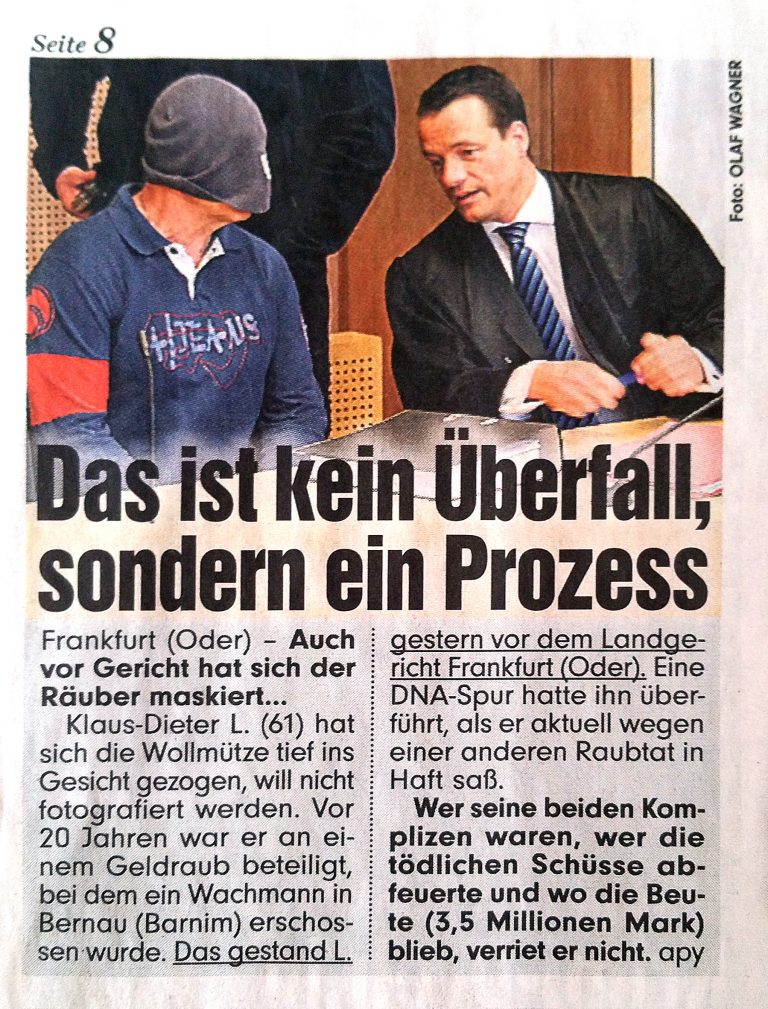 Zeitungsbericht der BILD Zeitung vom 16.03.2012 aus Frankfurt (Oder) zum Überfall-Strafprozess