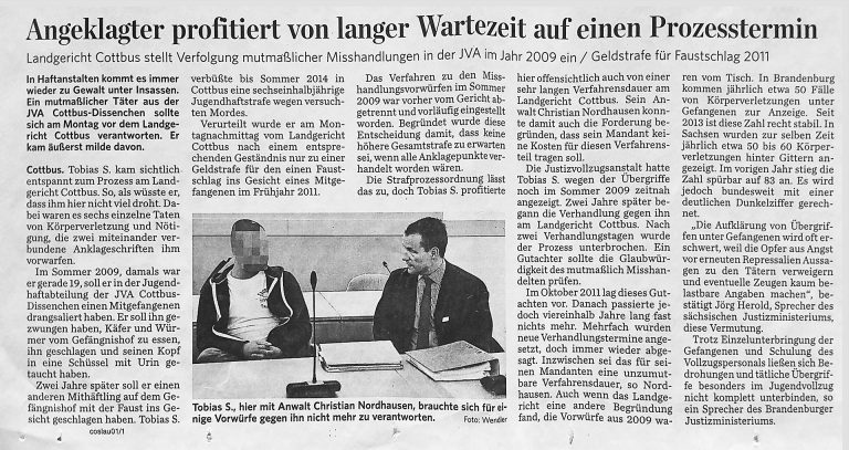 Zeitungsartikel über Gerichtsprozess mit zuständigem Rechtsanwalt für Strafrecht in Cottbus, Christian Nordhausen