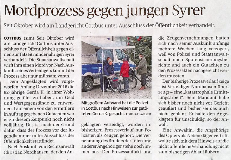 Zeitungsartikel über Mordprozess, Prozessbegleitung durch Fachanwalt für Strafrecht in Cottbus, Christian Nordhausen